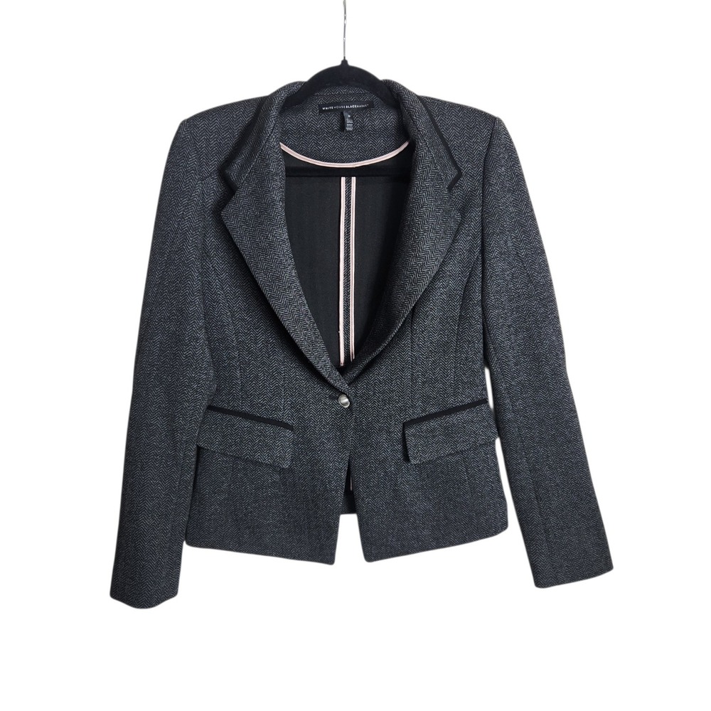 White House Black Market Grey Herringbone Blazer Jacket Size 6 Trimmed Lapel
